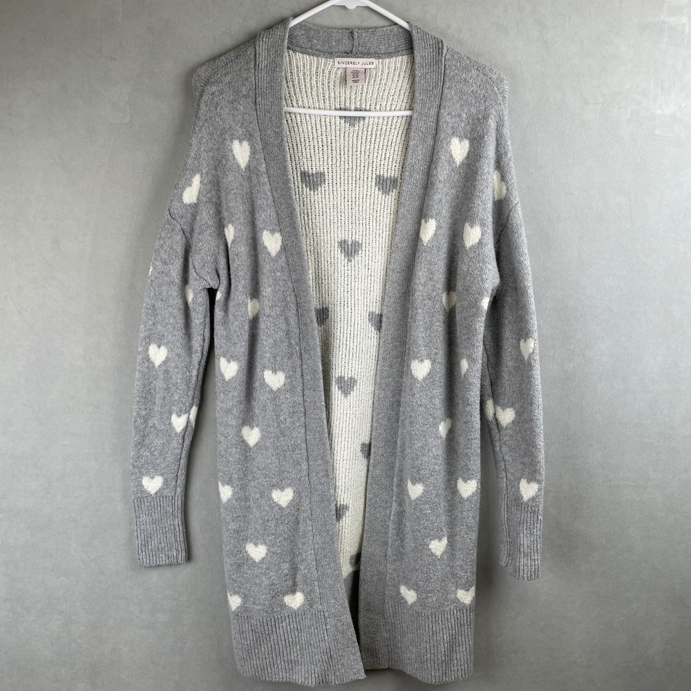 Sincerely Jules Wmn XS Grey Heart Intarsia Open Front Longline Cardigan Coquette